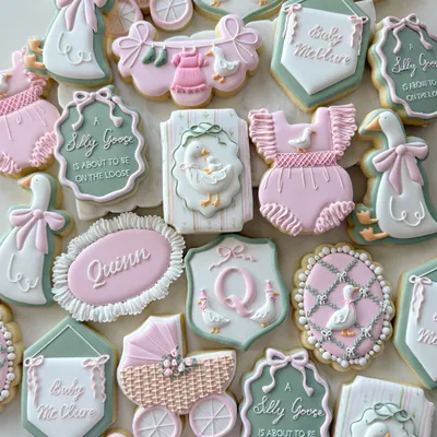 "A Silly Goose is About to Be on the Loose" baby shower cookie set for "Quinn" with goose illustrations, a baby carriage, bunting, and monogram plaques in sage green and pink.